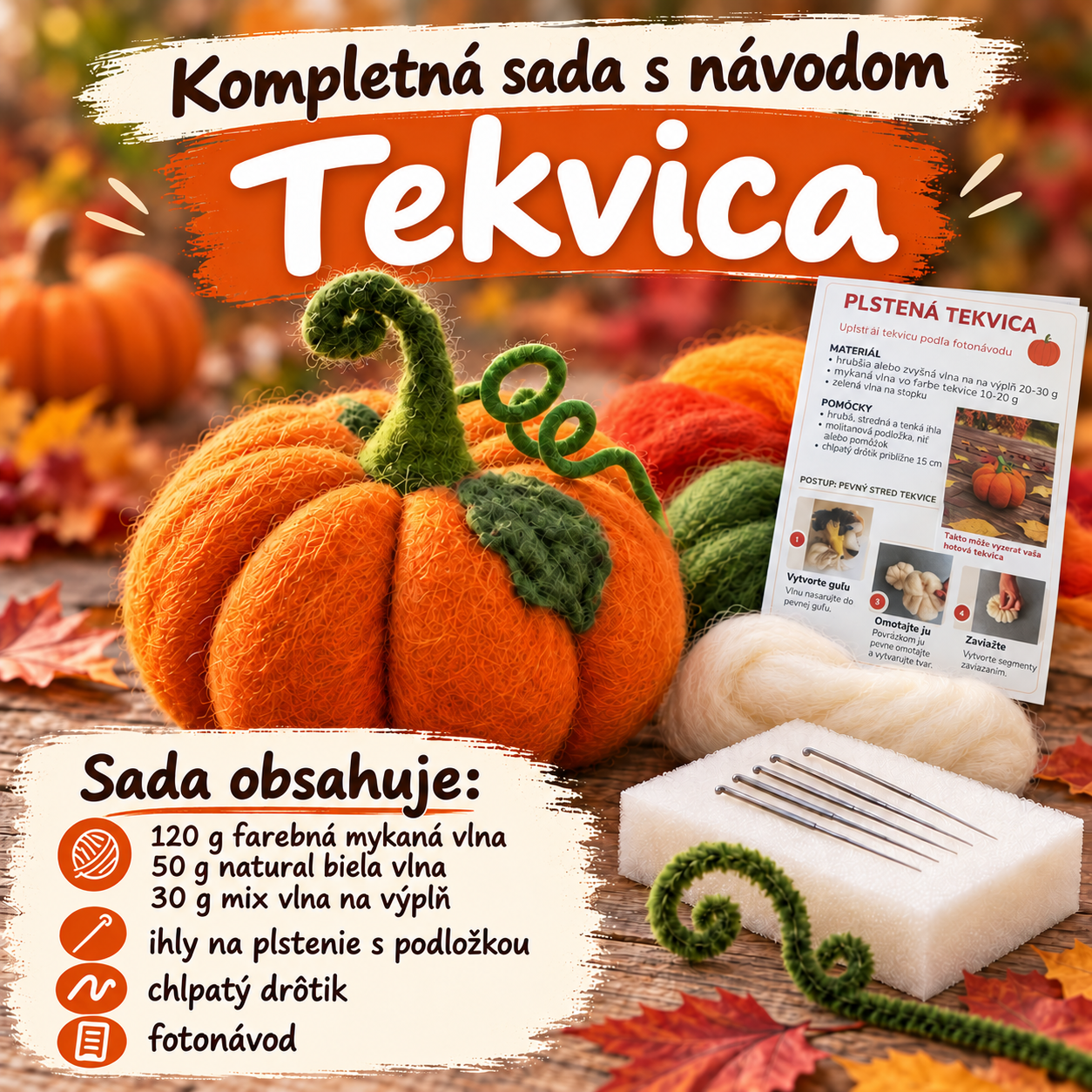 Plstená tekvica -    balíček s materiálom a návod Tmavšia